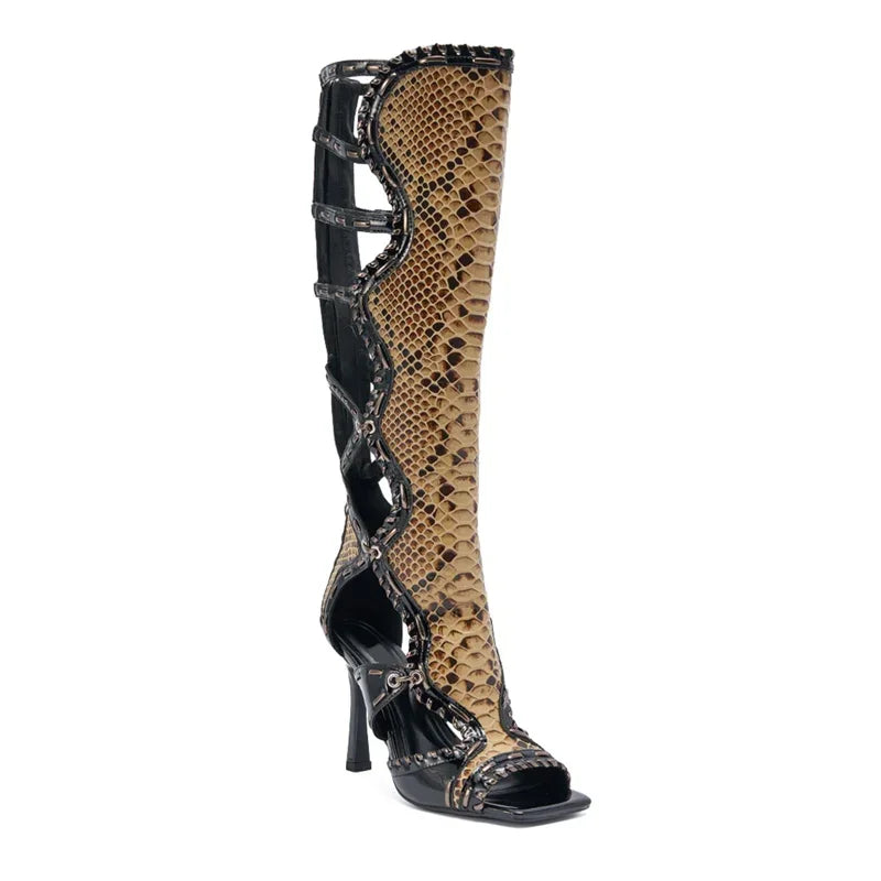 Indrani Snake Print Whipstitch Gladiator Boots