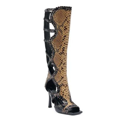 Indrani Snake Print Whipstitch Gladiator Boots