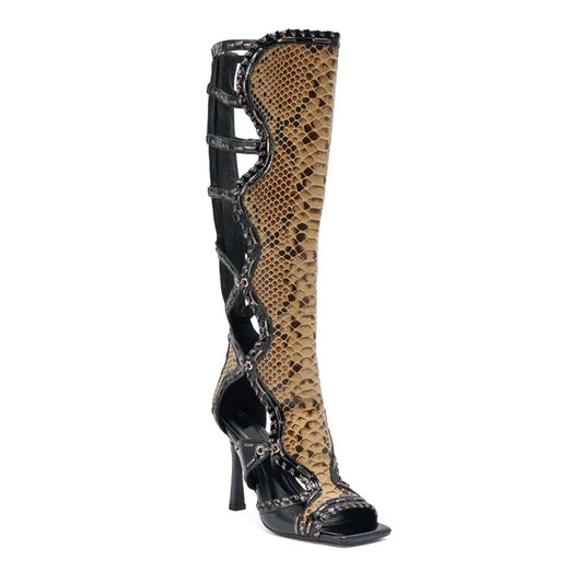 Indrani Snake Print Whipstitch Gladiator Boots