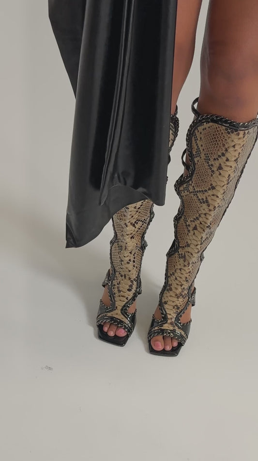 Indrani Snake Print Whipstitch Gladiator Boots
